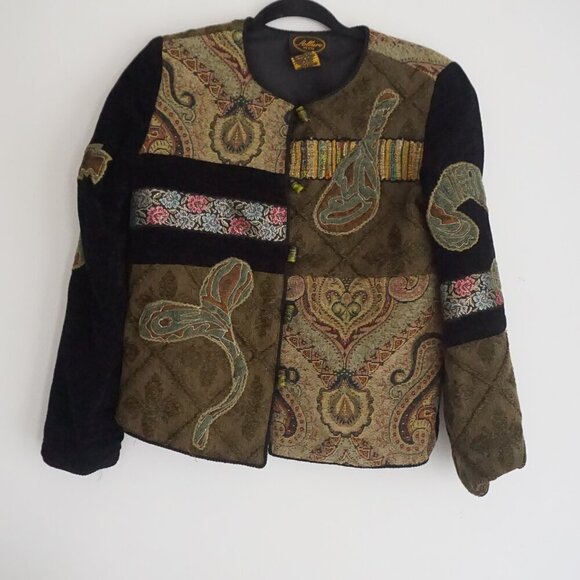 Vintage '90S Allure Petite Black Green Patchwork Paisley Tapestry Jacket PXS - Picture 1 of 16
